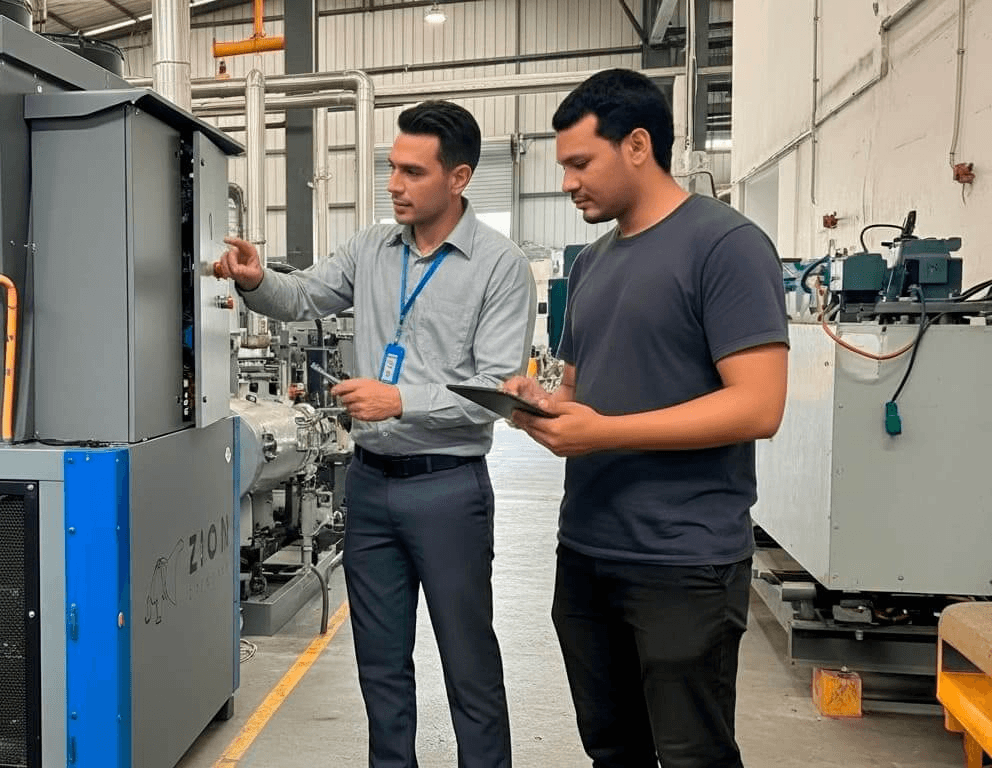 Técnicos da Zion Chiller operando sistema de refrigeração industrial
