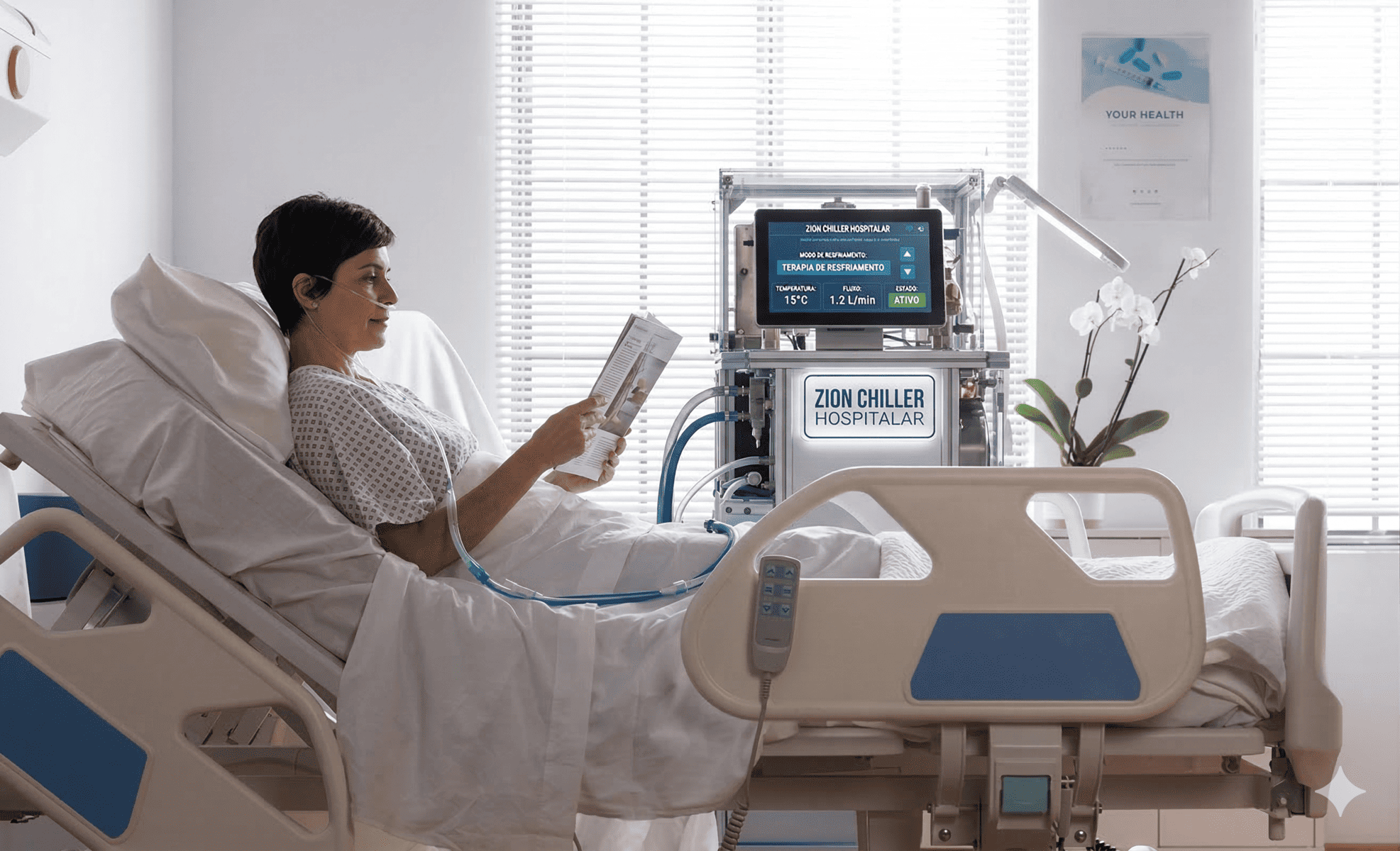 Quarto de hospital com um paciente em uma cama e um equipamento de resfriamento de precisão